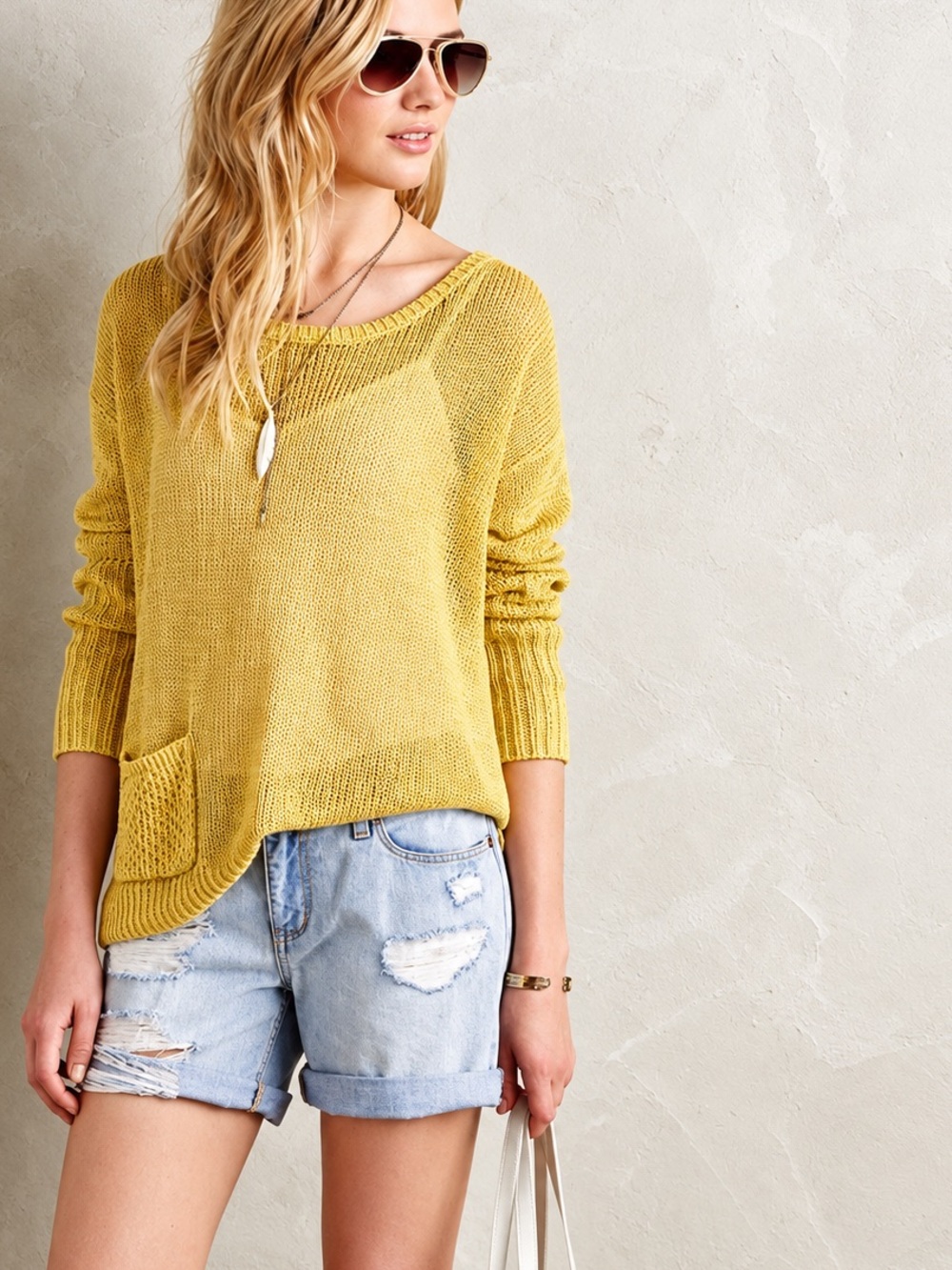 Anthropologie Sparrow Linen Sweater Yellow Preppy Coastal Lightweight Size M